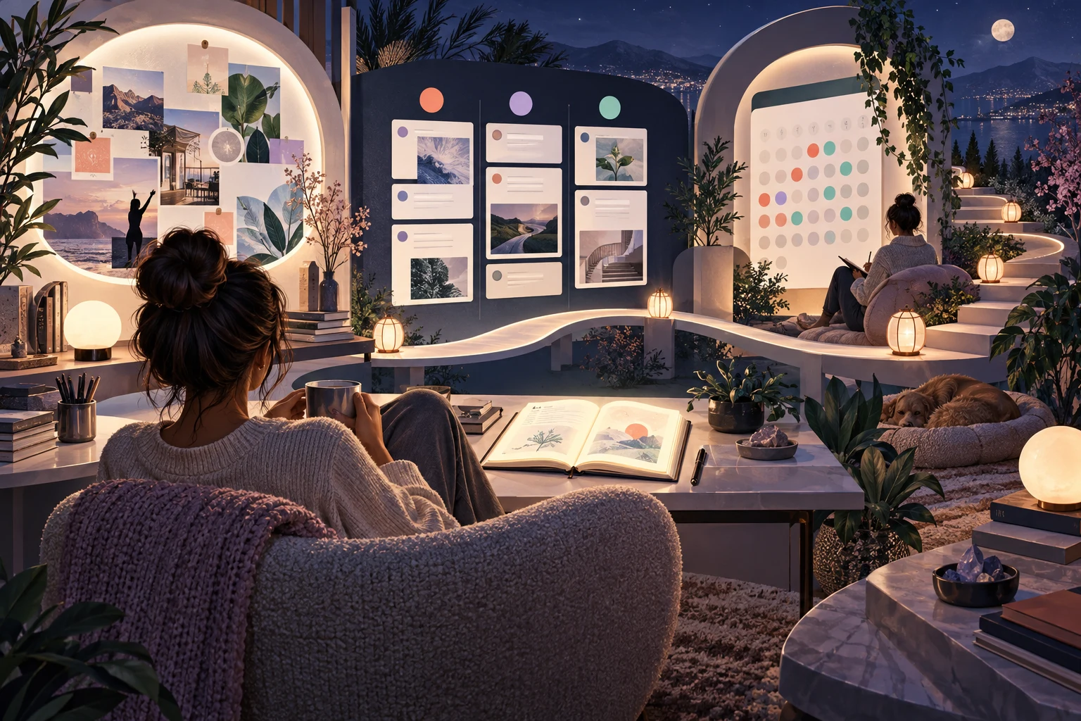 Illustrated private planning room with a journal, calendar, progress cards, and a calm sunrise beyond the window